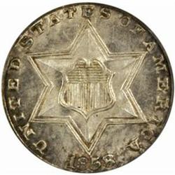 1858 Silver Three-Cent Piece. MS64 (PCGS)