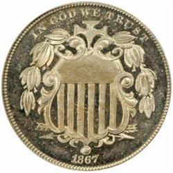 1867 Shield 5C. Rays. PR64 (PCGS)