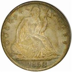 1858 Seated Liberty 50C. WB-107. Recut Date.