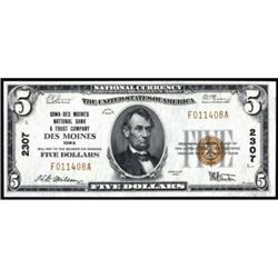 Des Moines, IA. $5 1929 T1. Ch#2307. CH Crisp UNC