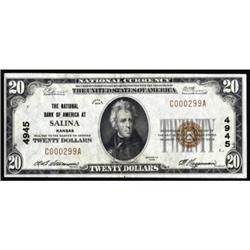Salina, KS. $20 1929 Ty. 1. Charter #4945. EF.