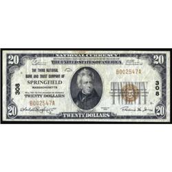 Springfield, MA. $20 1929 Ty. 1. Ch #308. VF20.