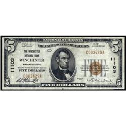 Winchester, MA. $5 1929 Ty. 1. Ch #11103. VF20.