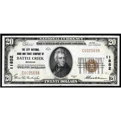 Battle Creek, MI. $20 1929 Ty. 1. Ch #11852.