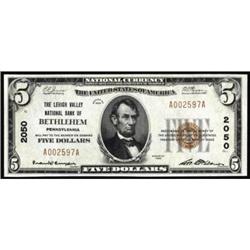 Bethlehem, PA. $5 1929 T1. Charter #2050. CH AU+