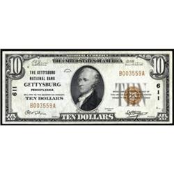 Gettysburg, PA. $10 1929 Ty. 1. Charter #611. EF+