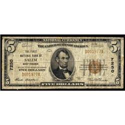 Salem, WV. $5 1929 Ty. 1. The FNB. Ch. #7250. VG.