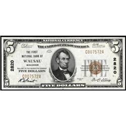 Wausau, WI. $5 1929 Ty. 1. The FNB Charter #2820.