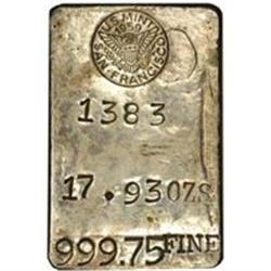 Silver Ingot No. 1383/37. 17.93 Oz. 999.75 Fine.