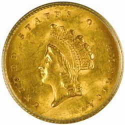 1855 G$1. MS60 Details-Scratched (ANACS)