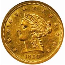 1859 Liberty $2.5. Old Reverse AU55 (NGC)