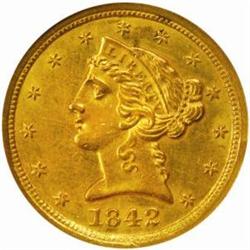1842-C Lib. $5. Winter 5-C. Large Date MS60 (NGC)