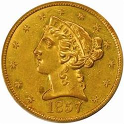 1857-O Liberty $5. Winter Variety 1, AU55 (PCGS)