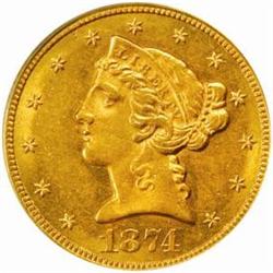1874-CC Liberty $5. Winter 2-B. AU58 (PCGS)