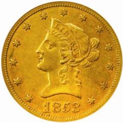 1853-O $10. AU55 (NGC)
