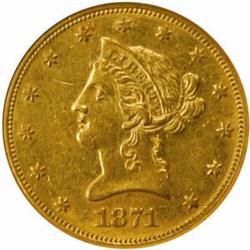 1871 $10. AU58 (NGC)