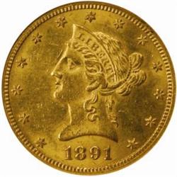 1891-CC $10. Winter 3-C. Repunched Mintmark. MS61