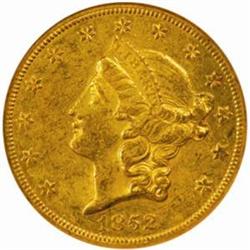 1852-O Liberty $20. Winter Variety One AU58 (NGC)