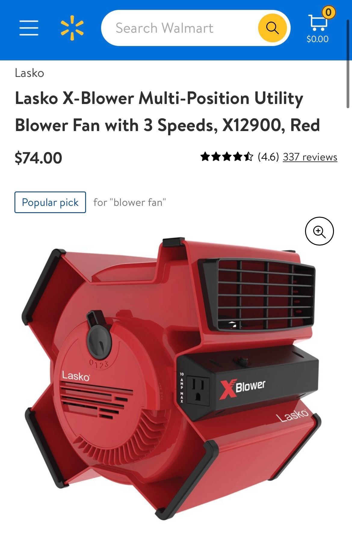 Lasko XBlower MultiPosition Utility Blower Fan with 3 Speeds, X12900, Red