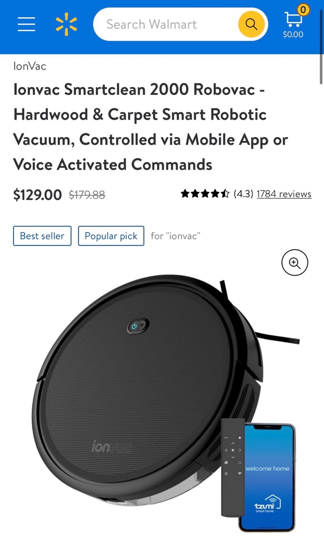 Ionvac Smartclean 2000 Robovac Hardwood & Carpet Smart Robotic Vacuum