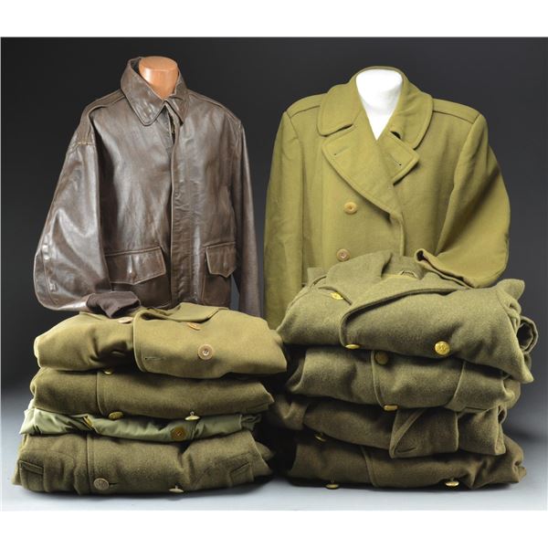 WWII ARMY OVERCOATS & AN ARMY A-2 FLIGHT JACKET.