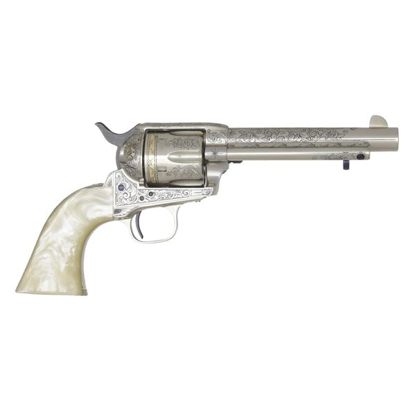 CIMMARON ENGRAVED NICKEL FRONTIER SAA REVOLVER.