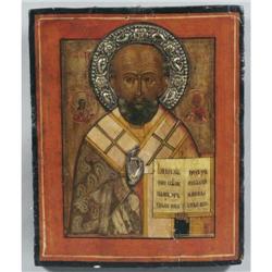 RUSSIAN ICON OF ST. NICHOLAS with silver okla