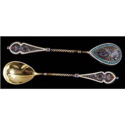 PAIR RUSSIAN ENAMELED SILVER SPOONS with indi