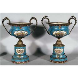 PAIR OF CHINESE BRONZE MOUNTED URNS, 20" high