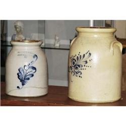 PAIR OF STONEWARE DECORATED CROCKS one cracke