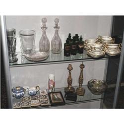 SHELF LOT:  crystal, apothecary jars, tiles,
