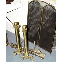 PAIR OF BRASS ANDIRONS with ball top columns,