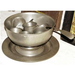PEWTER PUNCH BOWL with cups and ladle