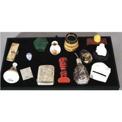 TRAY LOT:  match safe, malachite box, seal, e