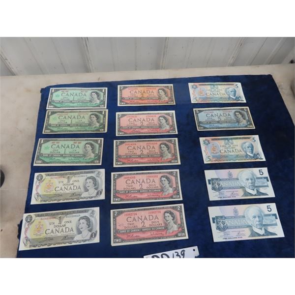 Cdn Bills - 5 x $1, 5 x $2, & 5 x $5, 1934, 1967, 1973, 1979 & 1986