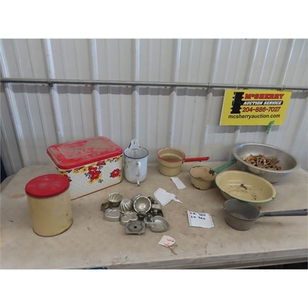 Metal Bread Box, Cannisters, Enamelware, Cookie Cutters, Basin , Plus More