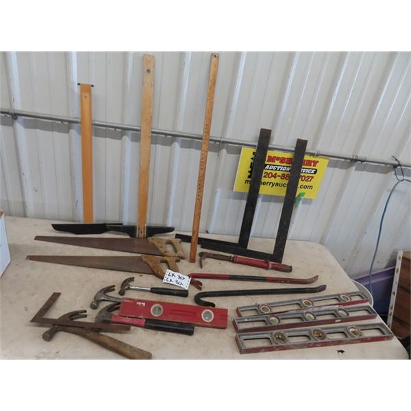 Carpentry Tools, Saws, Wrecking Bars, Leveles, Squares, Nail Puller Plus More!