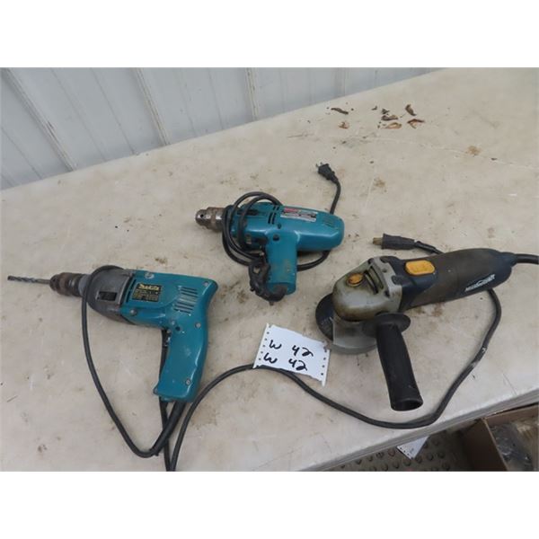 (W) 3 Power Tools - Makita Drill, Makita Hammer Drill, Mastercraft Angle Grinder