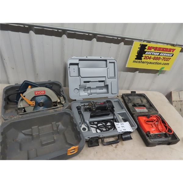 (W) 3 Power Tools w Cases - Ryobi Circ Saw, Roto Zip Spiral Saw, & B & D Jig Saw