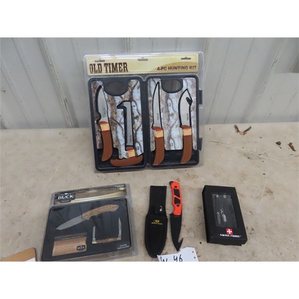 (W) New Old Timer 4 Pc Hunting knife Kit, New Buck Knife,New Swiss Force Utility Knife/Tool, & New M