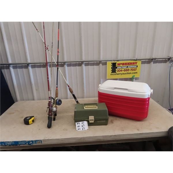 Picnic Cooler Fishing Tackle Box, 4 Fishing Rods & 3 Reels