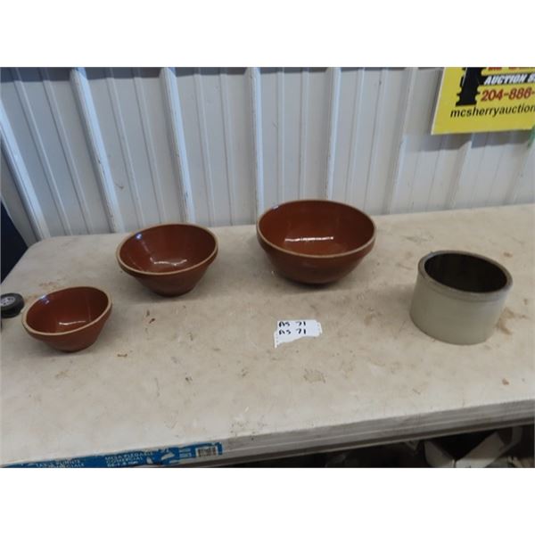 3 Crockery Mixing Bowls & 1 Butter Crock