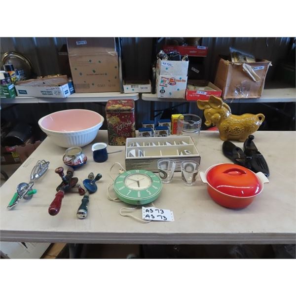 Vintage Kitchen Items, Tetley Tea Tin, Spice Tins, Beaters, Clock Glasses & Cast Pot Plus More!