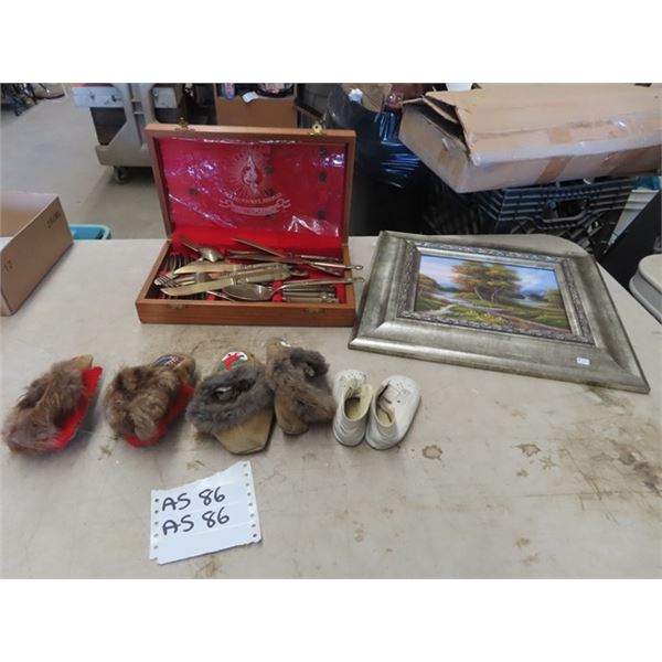 Nickel Bronze Cutlery, Framed Picture , Baby Shoes, 2 Pairs Toddler Mocassins