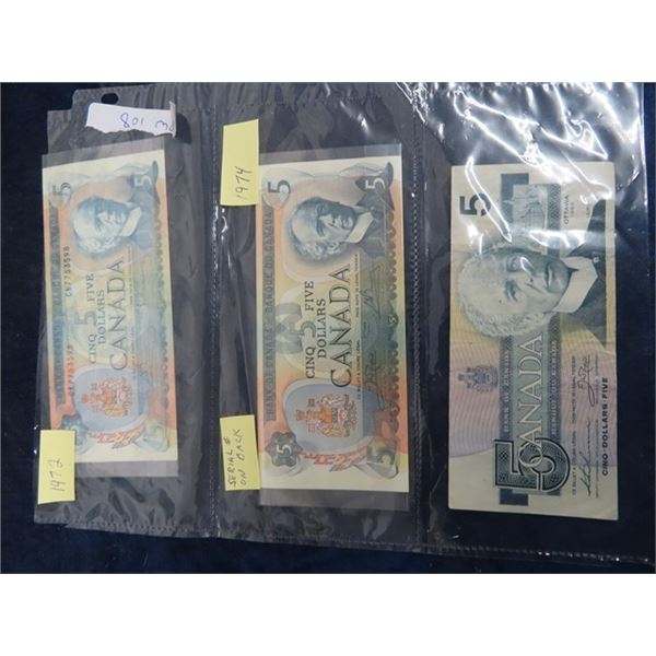 3 - Cdn $5 Dollar Bills -1972, 74 & 80