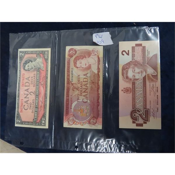 3 - Cdn $2 Bills 1954, 1974 & 1986