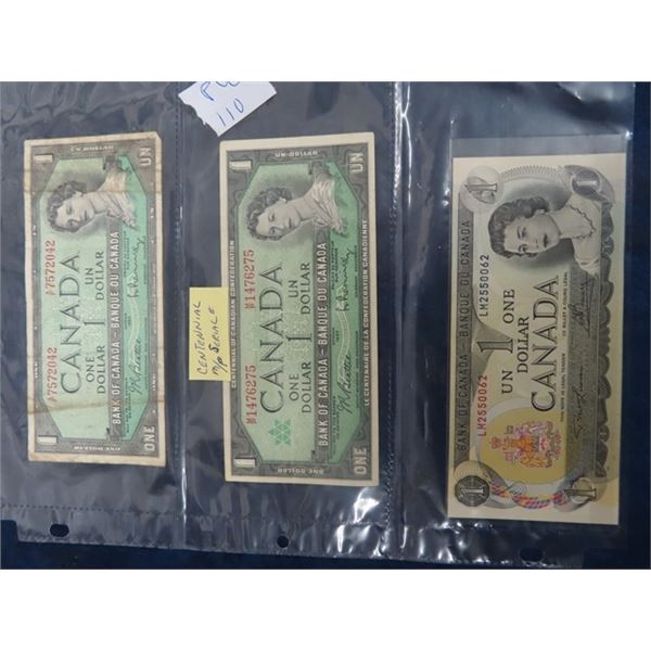 3 - Cdn $1 Bills - 1954, 1967 & 1973