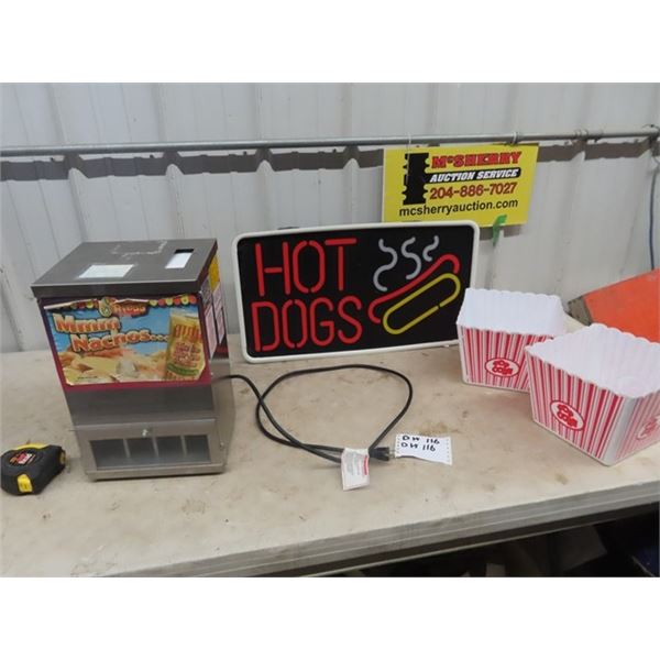 Light Up Hot Dog Sign 13.5 x 24- No Plug, & Nachos Machine & Popcorn Baskets