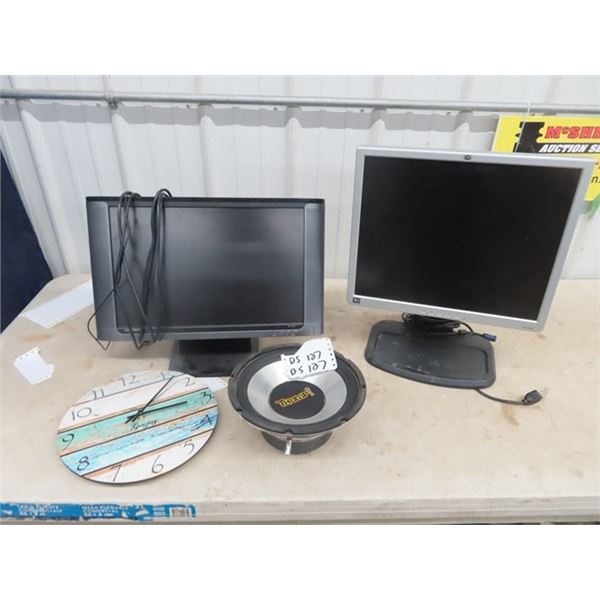 2 Computer Monitors , Clock & Speakers