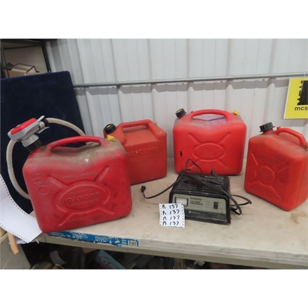 4 Gas Cans, & Battery Charger